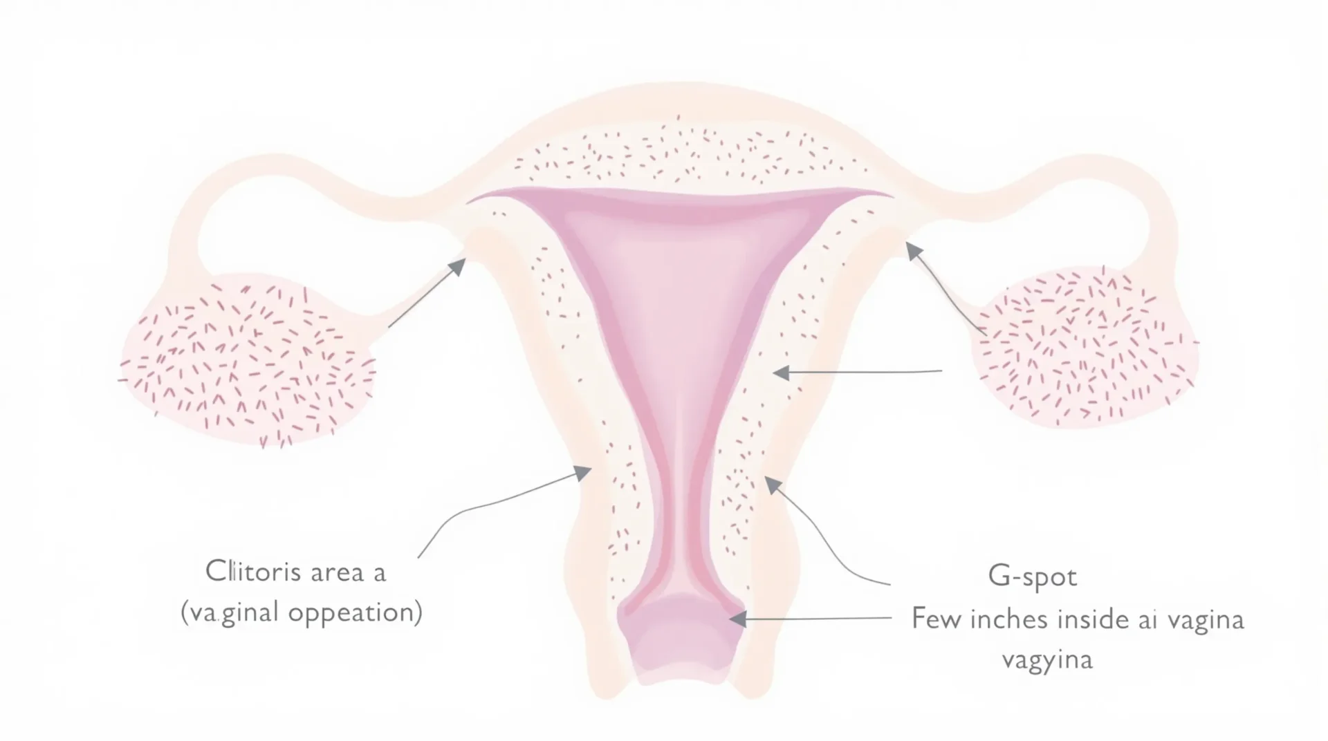 Illustration of the vulva and vagina highlighting the clitoris and G-spot in soft pastel anatomical colors, with simple labels and arrows for educational clarity.