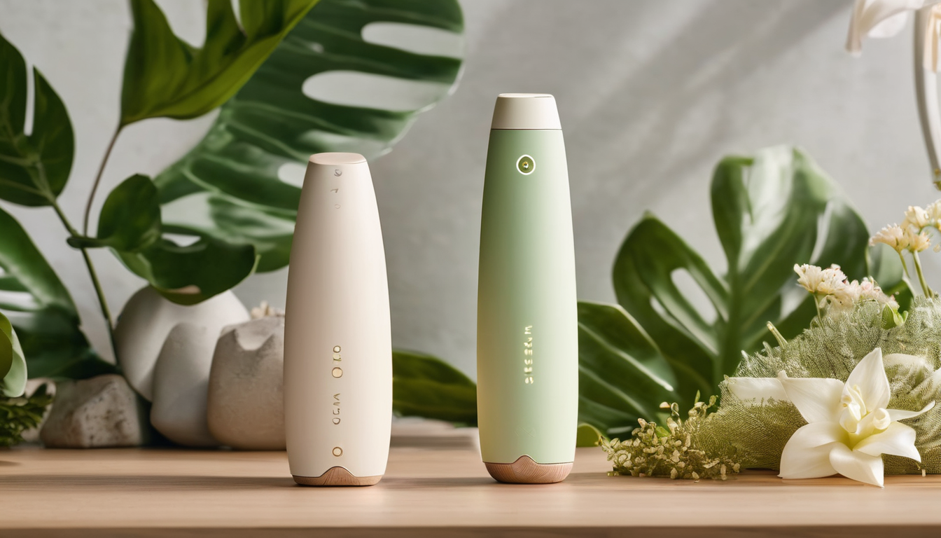 Two Womanizer Eco devices, one in cream and the other in green, are displayed on a wooden surface with lush green plants and white flowers.