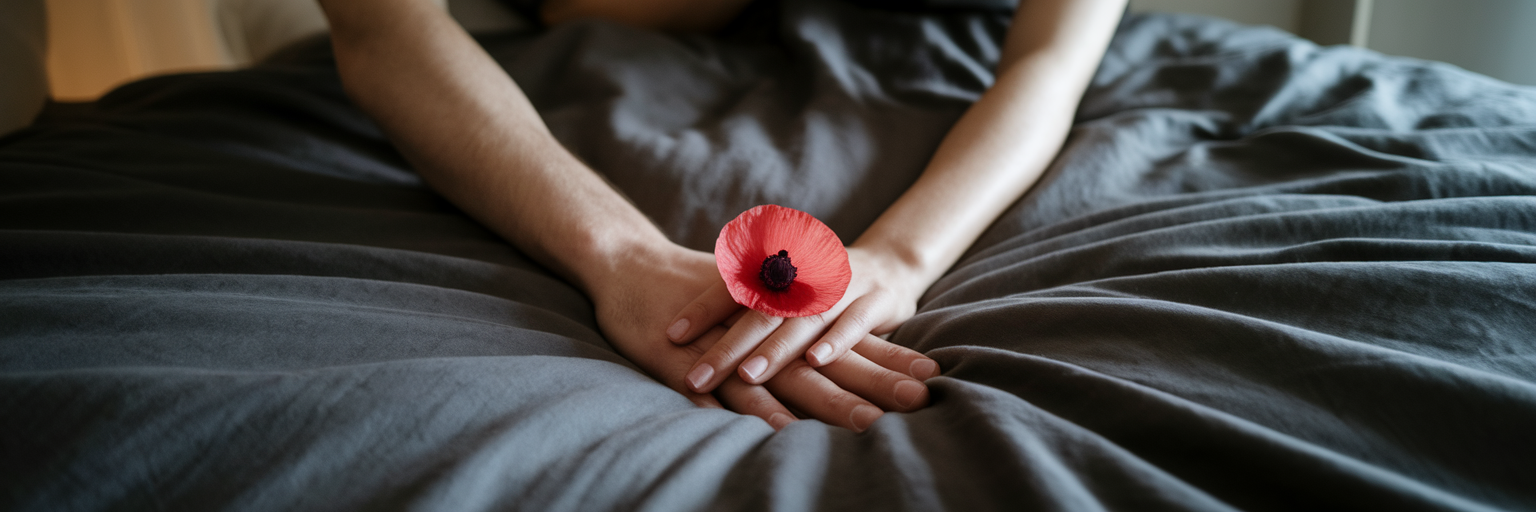 Couple's hands holding a red petal