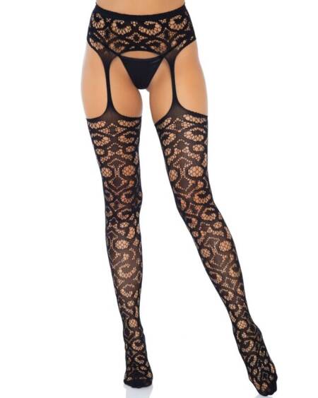 LEG AVENUE - SCROLL LACE GARTER BELT STOCKINGS ONE SIZE