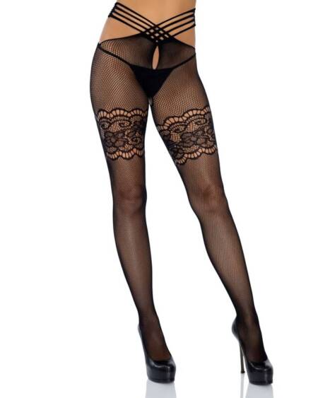 LEG AVENUE - FISHNET STOCKINGS WITH SLIT AND LACE THIGH HIGHS ONE SIZE