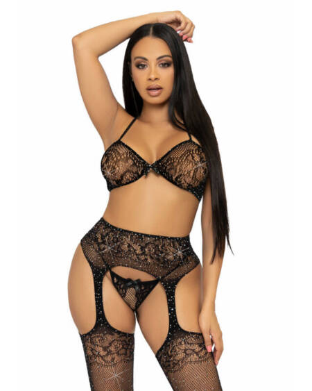 LEG AVENUE - THREE PIECES SET BRA, STRING AND STOCKING ONE SIZE - BLACK