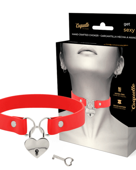COQUETTE CHIC DESIRE - RED VEGAN LEATHER NECKLACE WITH HEART ACCESSORY WITH KEY
