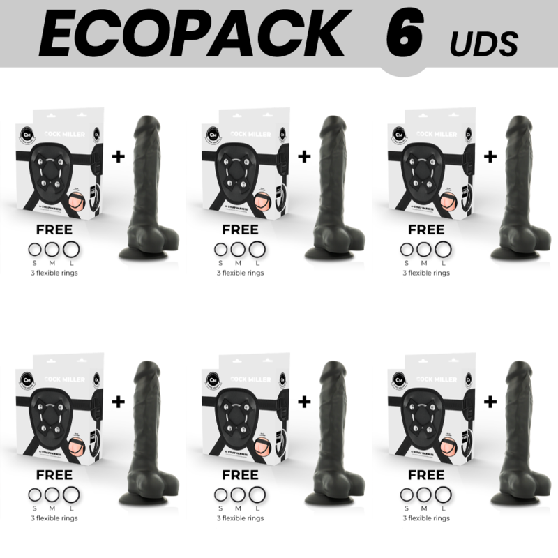 ECOPACK 6 UNITS - COCK MILLER HARNESS + SILICONE DENSITY ARTICULABLE BLACK COCKSIL 19,5 CM