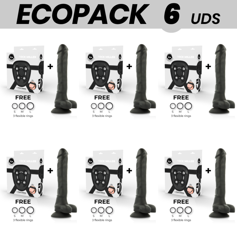 ECOPACK 6 UNITS - COCK MILLER HARNESS + SILICONE DENSITY ARTICULABLE BLACK COCKSIL 24 CM