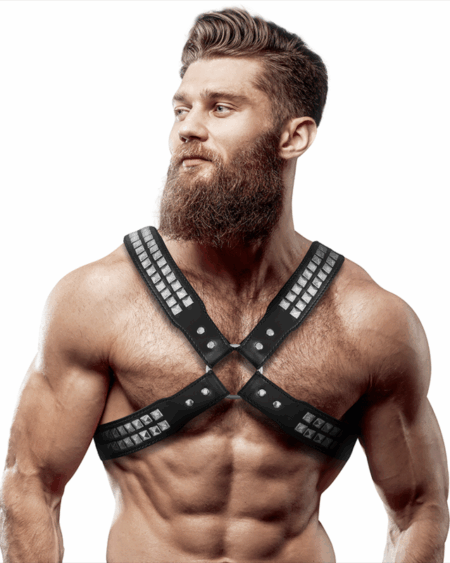 FETISH SUBMISSIVE ATTITUDE - MENS CROSSED CHEST ECO-LEATHER HARNESS WITH RIVETS