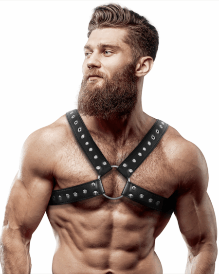 FETISH SUBMISSIVE ATTITUDE - MENS CROSS-OVER ECO-LEATHER CHEST HARNESS WITH STUDS