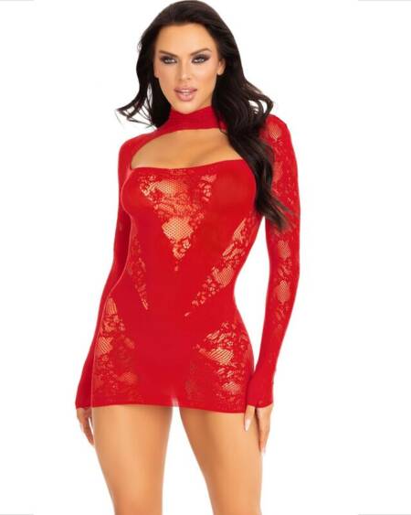 LEG AVENUE - MINI DRESS WITH LACE LONG SLEEVE RED