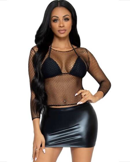 LEG AVENUE - FISHNET LONG SLEEVE T-SHIRT BLACK