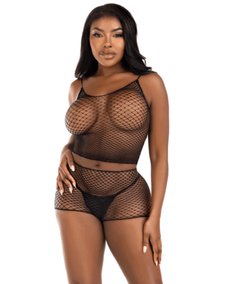 LEG AVENUE - T-SHIRT  PANTS SET FISHNET BLACK
