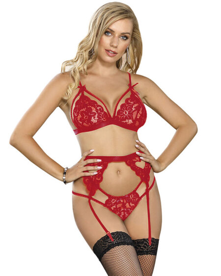 SUBBLIME - SET DE 3 PIEZAS SUJETADOR + TANGA + LIGA ENCAJE ROJO S/M