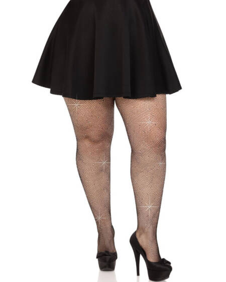 LEG AVENUE - CRYSTALIZED MESH STOCKINGS BLACK PLUS SIZE