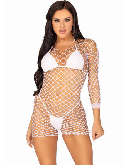 LEG AVENUE - LONG SLEEVE NET DRESS WHITE ONE SIZE