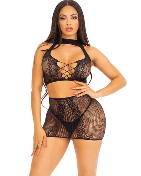 LEG AVENUE - BLACK OPEN LACE TOP  SKIRT