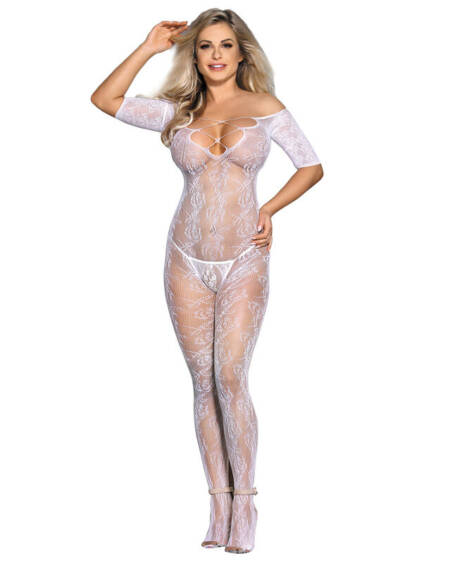 SUBBLIME - 951818 FISHNET CROTCHLESS BODYSTOCKING WITH WHITE ROSES PATTERN ONE SIZE