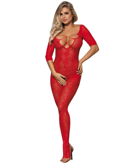 SUBBLIME - 951825 FISHNET CROTCHLESS BODYSTOCKING WITH RED ROSES PATTERN ONE SIZE