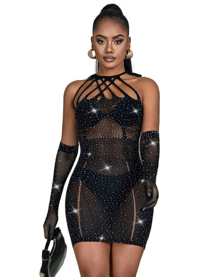 SUBBLIME - 952235 FISHNET DRESS WITH RHINESTONES  BLACK ONE SIZE