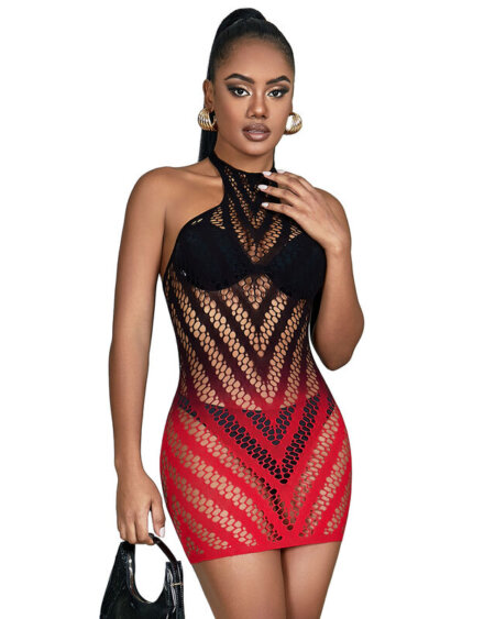 SUBBLIME - 952242 RED AND BLACK DEGRADED ELASTIC FISHNET DRESS ONE SIZE