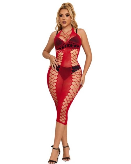 SUBBLIME - 952327 LONG RED FISHNET DRESS ONE SIZE