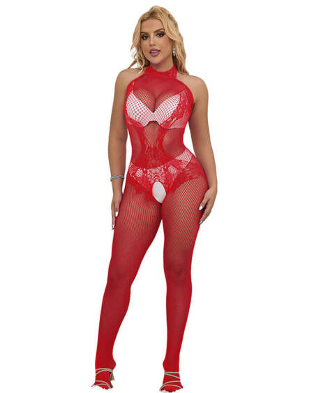 SUBBLIME - 952372 FISHNET AND LACE CROTCHLESS BODYSTOCKING WITH HIGH NECK RED ONE SIZE