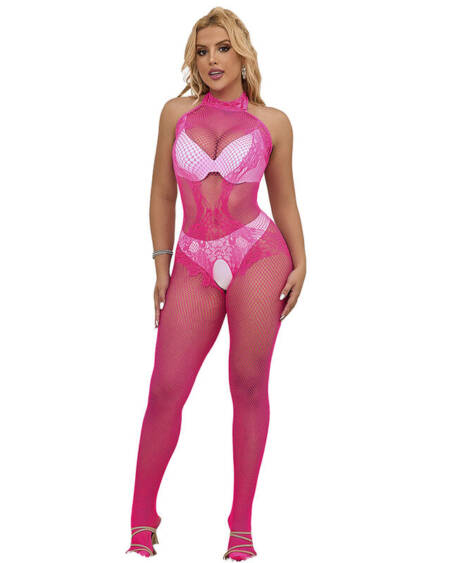 SUBBLIME - 952389 FISHNET AND LACE CROTCHLESS BODYSTOCKING WITH HIGH NECK PINK ONE SIZE