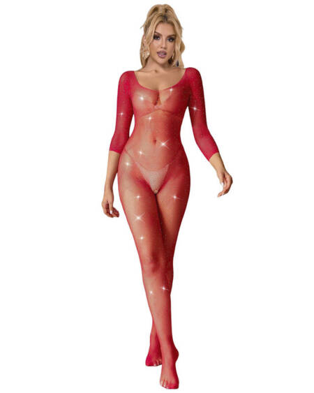 SUBBLIME - 952419 FISHNET BODYSTOCKING WITH DIAMONDS LONG SLEEVE RED ONE SIZE