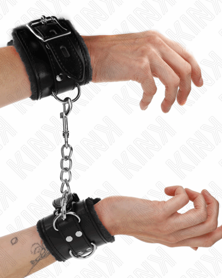 KINK - FUR LINED WRIST RESTRAINTS BLACK WITH BLACK BELT ADJUSTABLE 17-29 CM X 6 CM