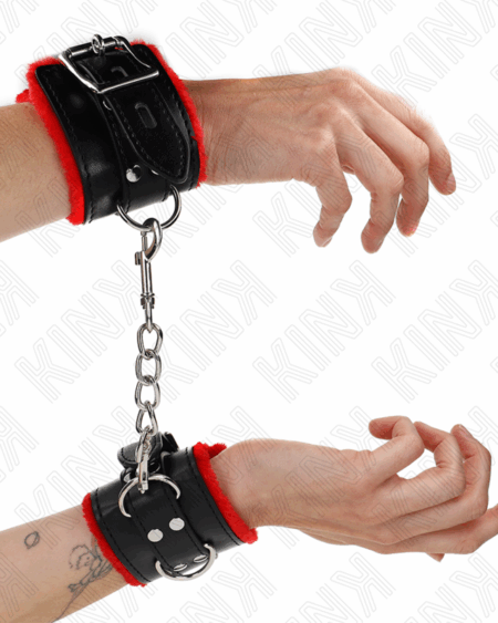 KINK - FUR LINED WRIST RESTRAINTS WITH SQUARE HOLES RED AND BLACK BELT ADJUSTABLE 17-29 CM X 6 CM