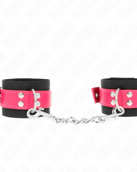 KINK - NYLON WRIST RESTRAINTS BLACK WITH LEATHERETTE BELT RASPBERRY ROSE ADJUSTABLE 19-29 CM X 5.1 CM