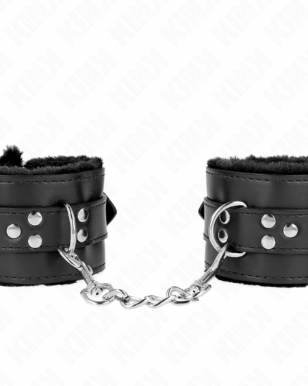 KINK - FUR LINED WRIST RESTRAINTS WITH SQUARE HOLES BLACK AND BLACK BELT ADJUSTABLE 17-29 CM X 6 CM