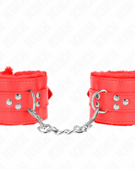 KINK - FUR LINED WRIST RESTRAINTS WITH SQUARE HOLES RED AND RED BELT ADJUSTABLE 17-29 CM X 6 CM