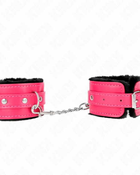 KINK - PREMIUM FUR LINED WRIST RESTRAINTS BLACK WITH RASPBERRY ROSE BELT ADJUSTABLE 17-29 CM X 6 CM