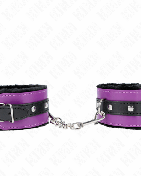 KINK - PREMIUM FUR LINED WRIST RESTRAINTS BLACK WITH PURPLE / BLACK BELT ADJUSTABLE 17-29 CM X 6 CM