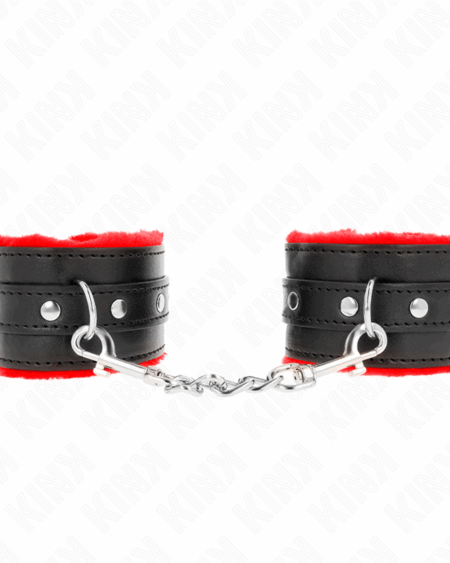 KINK - PREMIUM FUR LINED WRIST RESTRAINTS RED WITH BLACK BELT ADJUSTABLE 17-29 CM X 6 CM