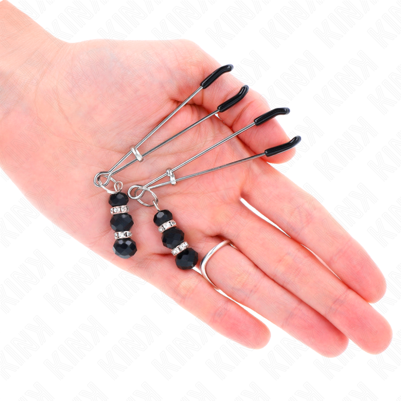 KINK - GOLD THIN NIPPLE CLAMPS WITH 3 BLACK GLASS BEADS 7 CM - Image 3