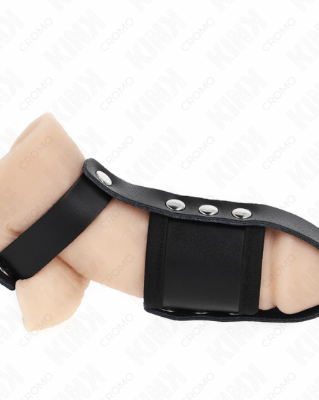 KINK - LEATHER PENIS CAGE RING WITH ADJUSTABLE COATED BALL DIVIDER STRAP