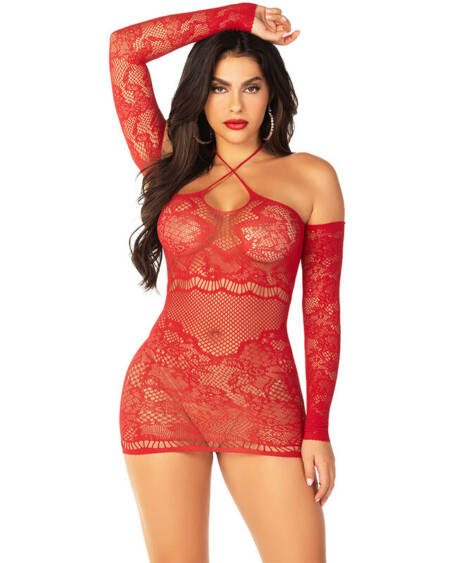 LEG AVENUE - OFF-SHOULDER LONG-SLEEVED MESH MINI DRESS RED