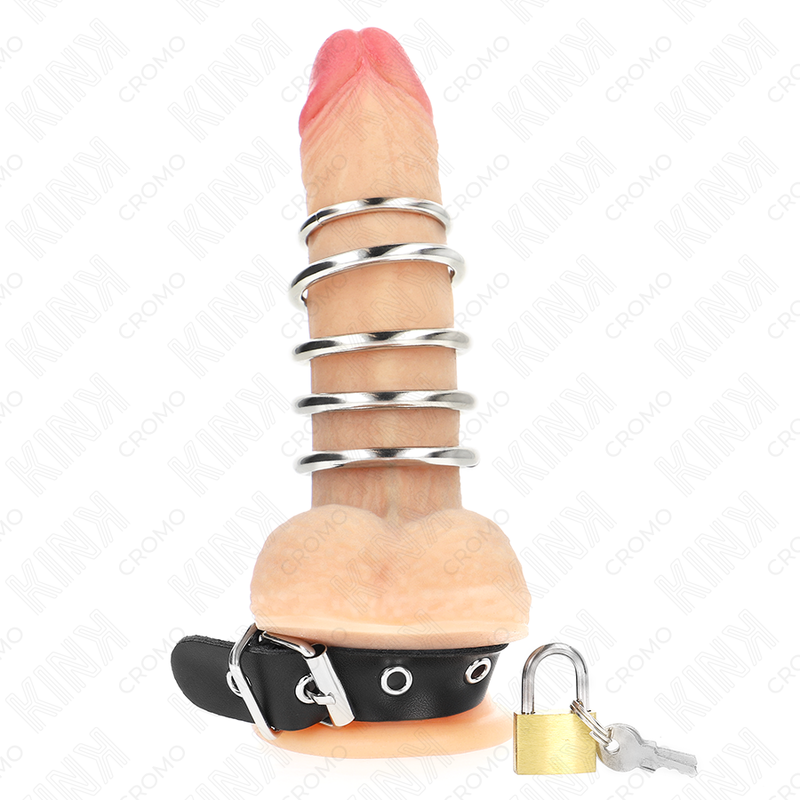 KINK - LEATHER PENIS RING WITH LOCK STRAP 21 X 2 CM AND 5 METAL RINGS FROM 3 CM TO 4 CM - Image 2