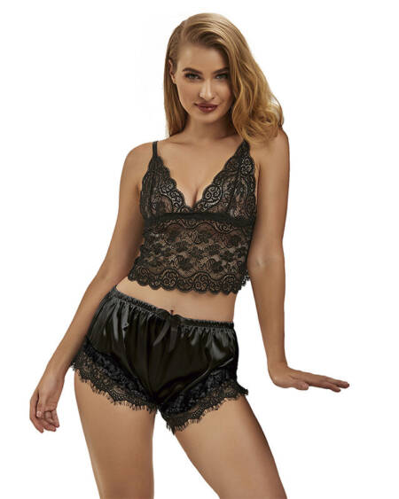 SUBBLIME - 953942 CASUAL SILK NIGHTGOWN + LACE PANTS BLACK L/XL