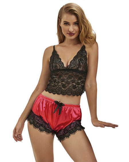 SUBBLIME - 953959 CASUAL SILK NIGHTGOWN + LACE PANTS BLACK/RED S/M