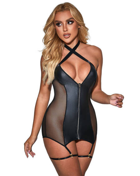 SUBBLIME - 954444 SEXY MESH DRESS LEATHER BLACK S/M