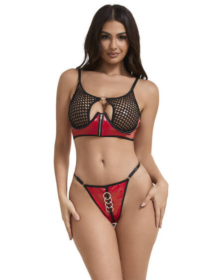 SUBBLIME - 955540 RED PATENT LEATHER MESH ZIPPER BRA SET L/XL