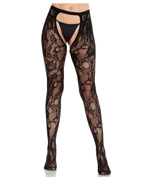 LEG AVENUE - ROSE LACE STOCKINGS WITH OPEN BACK BLACK