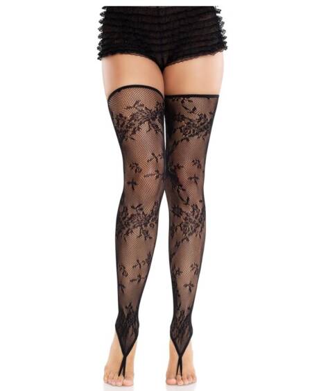 LEG AVENUE - FLORAL LACE FOOTLESS STOCKINGS BLACK