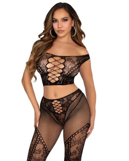 LEG AVENUE - CROP TOP AND FISHNET LEGGING WITH BARE SHOULDERS BLACK