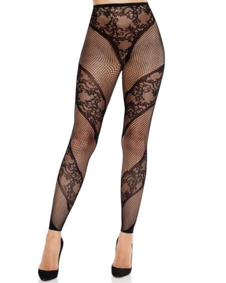 LEG AVENUE - LACE AND SHEER FOOTLESS TIGHTS BLACK