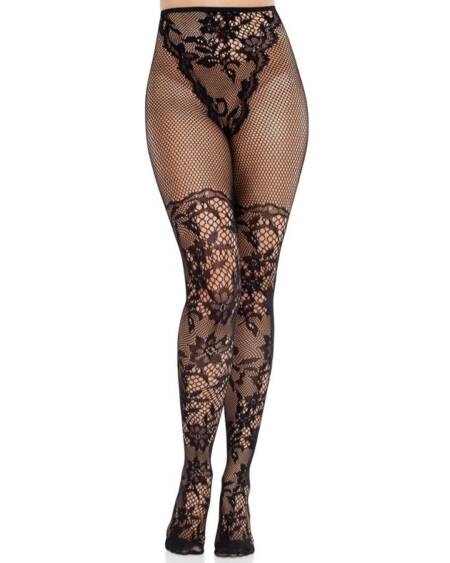 LEG AVENUE - DAHLIA LACE STOCKINGS WITH NET DETAIL BLACK