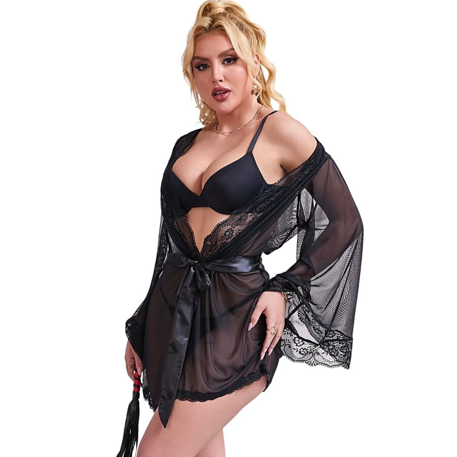 SUBBLIME - TRANSPARENT FABRIC ROBE WITH LACE DETAIL BLACK S/M - Image 4