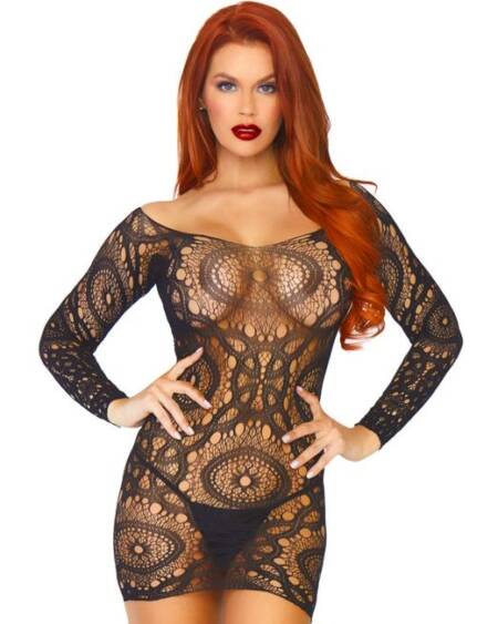 LEG AVENUE - LACE LONG SLEEVED MINI DRESS ONE SIZE