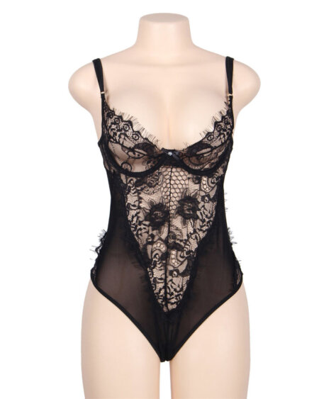 SUBBLIME - QUEEN PLUS FLORAL LACE AND FRINGED BLACK TEDDY